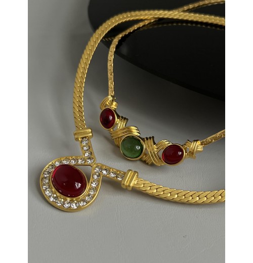 2PCS Gold Glass Rehinestone Alloy Necklace