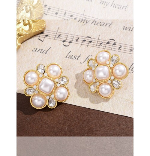 Pearl Flower Diamond Stud Earrings