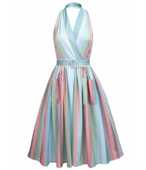 Rainbow  Stripe Pocket Swing Dress