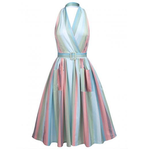 Rainbow  Stripe Pocket Swing Dress