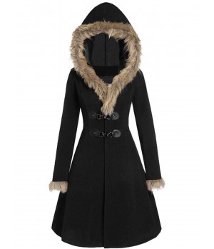  Solid Buckle Fur Trimmed Coat