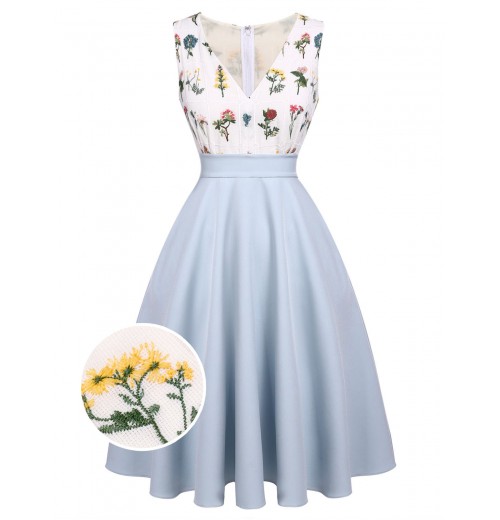 Blue  Embroidery Pockets Swing Dress