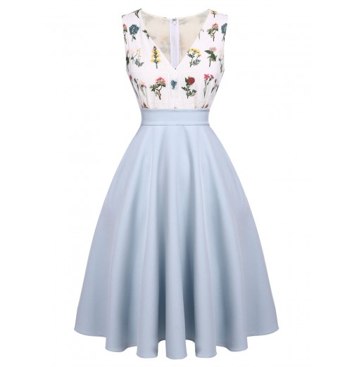 Blue  Embroidery Pockets Swing Dress