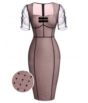 Pink  Polka Dot Mesh Pencil Dress