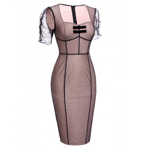 Pink  Polka Dot Mesh Pencil Dress