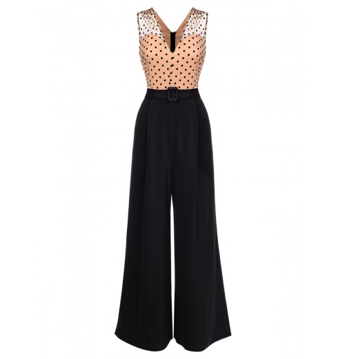 Black  Polka Dot Patchwork Belt Jumpsuit