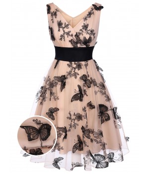 Nude  Lace Butterfly Swing Vintage Dress