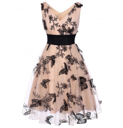 Nude  Lace Butterfly Swing Vintage Dress