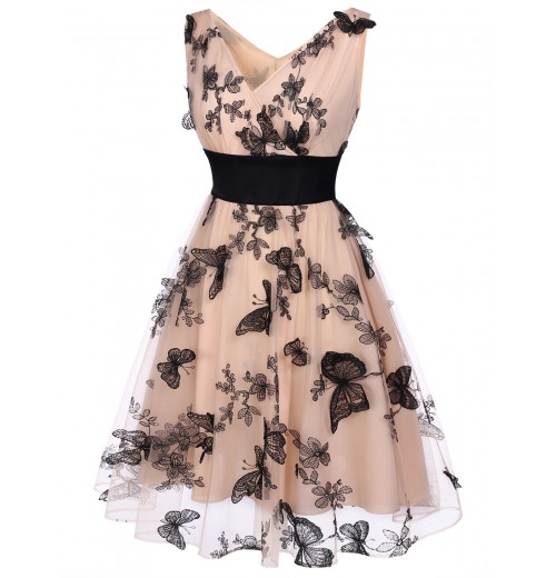 Nude  Lace Butterfly Swing Vintage Dress