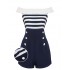 Navy Blue  Patchwork Off-shoulder Striped Romper