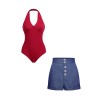 2PCS Red  Bodysuit & Denim Blue Buttons Shorts