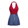 2PCS Red  Bodysuit & Denim Blue Buttons Shorts