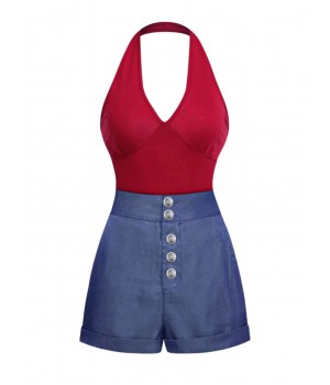 2PCS Red  Bodysuit & Denim Blue Buttons Shorts