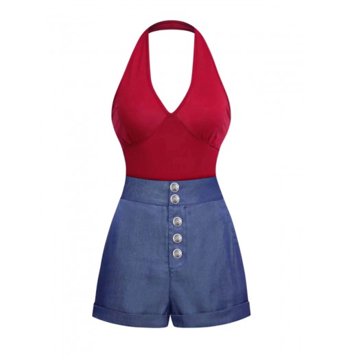 2PCS Red  Bodysuit & Denim Blue Buttons Shorts