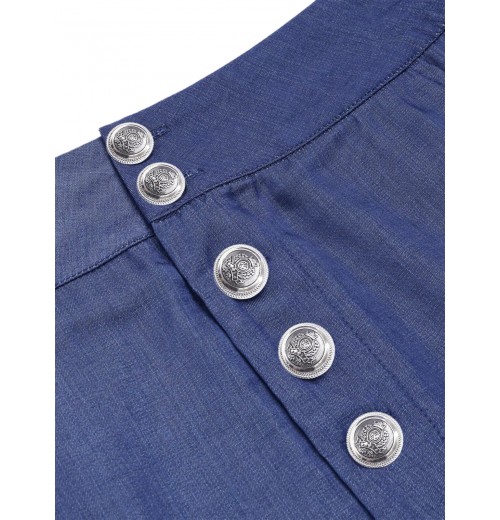 Denim Blue  Solid Buttons Shorts