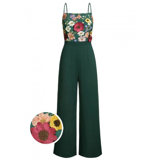 Green  3D Floral Strap Patchwork Jumpsuit