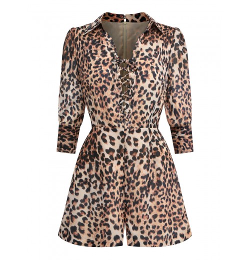 2PCS  Leopard Lapel Romper & Khaki Skirt