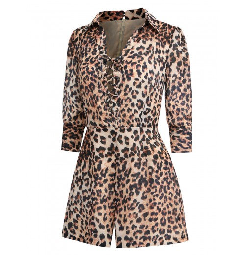 2PCS  Leopard Lapel Romper & Khaki Skirt