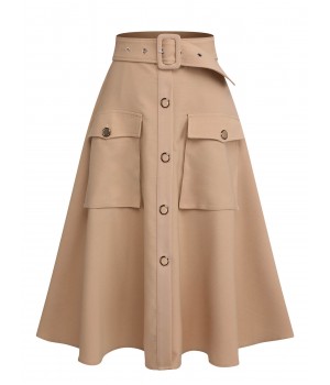 Khaki  Big Pockets Button Skirt