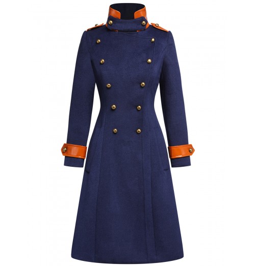 Navy Blue  Patchwork Button Coat