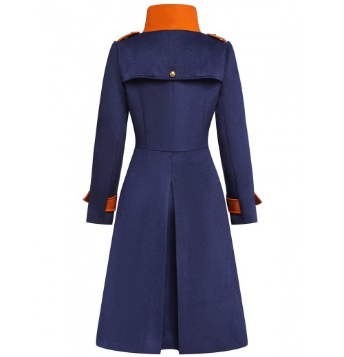 Navy Blue  Patchwork Button Coat