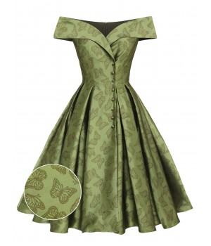 Green  Off-Shoulder Vintage Dress