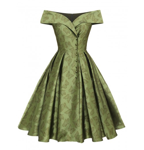 Green  Off-Shoulder Vintage Dress