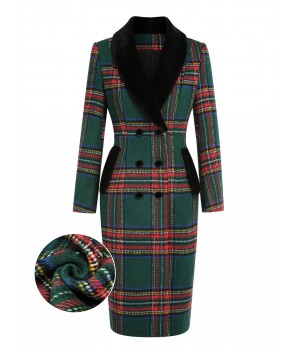 Green  Plaid Fur Collar Pencil Coat