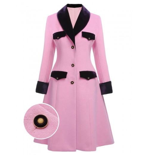 Pink  Velvet Patchwork Button Coat