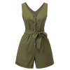 Army Green  V-Neck Button Waist Tie Romper