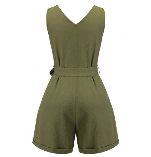 Army Green  V-Neck Button Waist Tie Romper