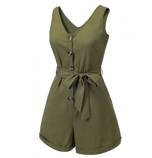 Army Green  V-Neck Button Waist Tie Romper