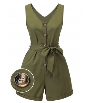 Army Green  V-Neck Button Waist Tie Romper