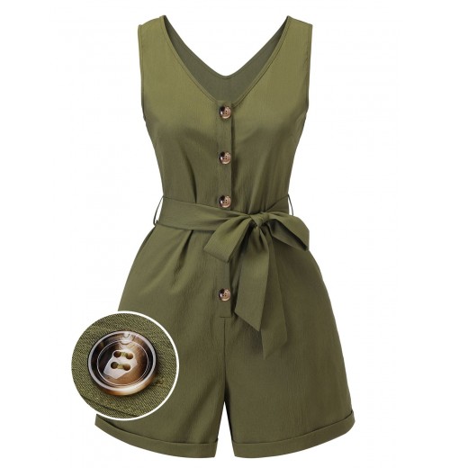 Army Green  V-Neck Button Waist Tie Romper