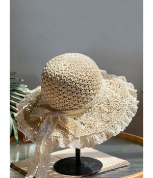 Beige Hand-made Lace Bow Sun Hat