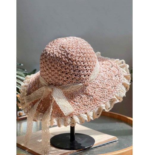 Beige Hand-made Lace Bow Sun Hat