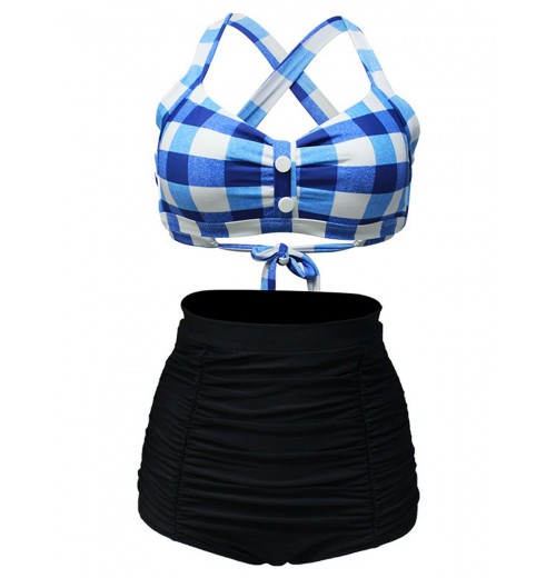  Plaid Criss Cross Pleated Bikini