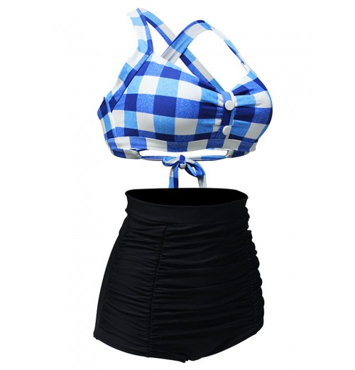  Plaid Criss Cross Pleated Bikini