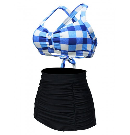  Plaid Criss Cross Pleated Bikini