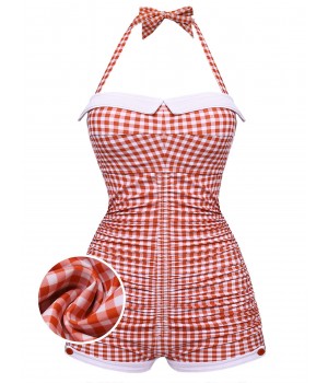 Checked  Halter Bowknot One-piece Swimsuit