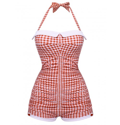 Checked  Halter Bowknot One-piece Swimsuit