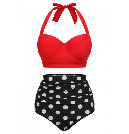 2PCS Red  Dots Halter Swimsuit