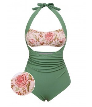 Green  Peony Halter One-Piece Swimsuit