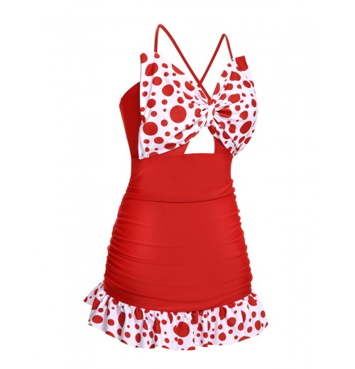  Polka Dot Bowknot Patchwork Swimsuit