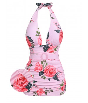 Pink  Roses Halter Belt Swimsuit