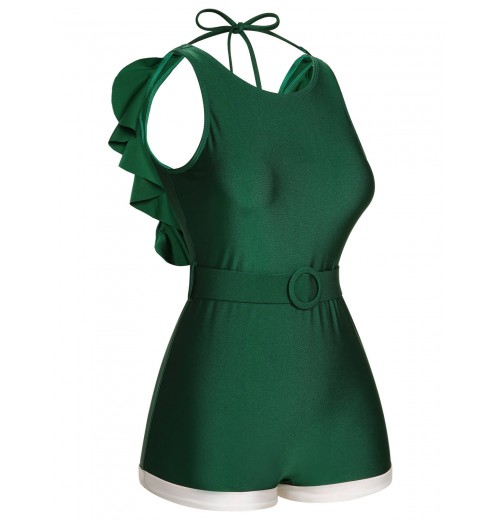 Green  Sleeveless Backless Halter Swimsuit