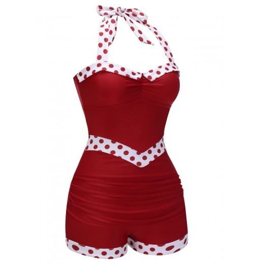 Red  Halter Patchwork One-piece Swimsuit