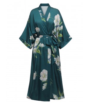 Dark Green  Floral Satin Robe