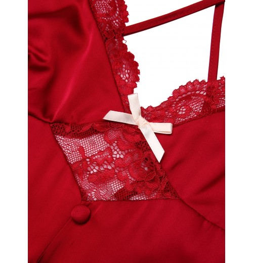 2PCS Red  Lace Patchwork Nightgown