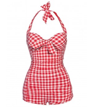 Red  Plaid Halter One-piece Swimsuit